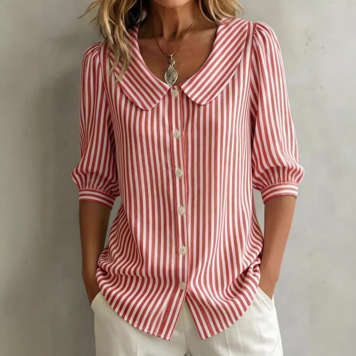 Mid-sleeve Striped V-neck Shirt Top T-shirt Womens Clothing 
