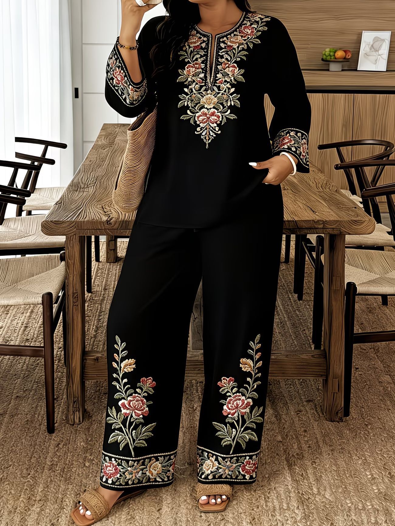 Long-sleeve Lace Floral Long-sleeve Ethnic-style Middle Eastern Set 