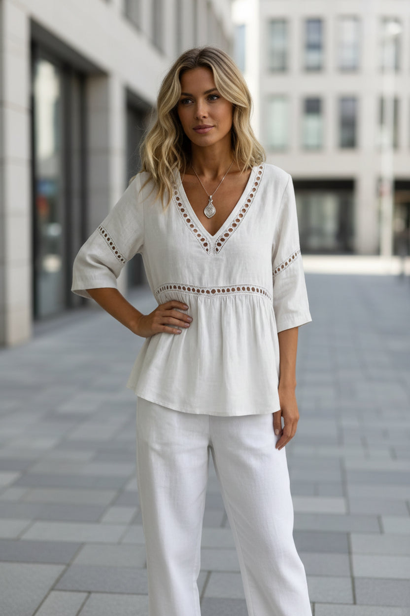 Solid-color V-neck Hollow-out Casual Fringed Top 