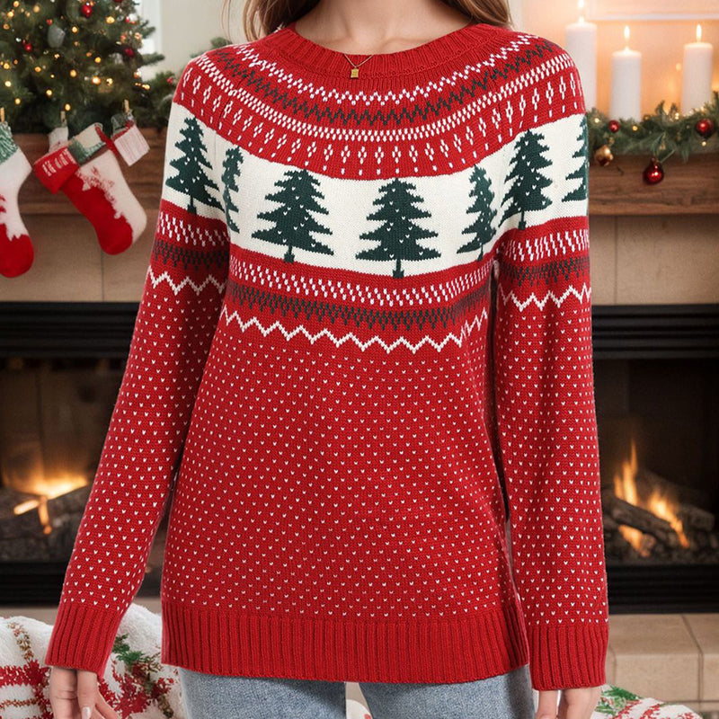 Women's Casual Pine Pattern Sweater, Loose Fit Round Neck Long Sleeve Knit Top For Holiday Parties 
