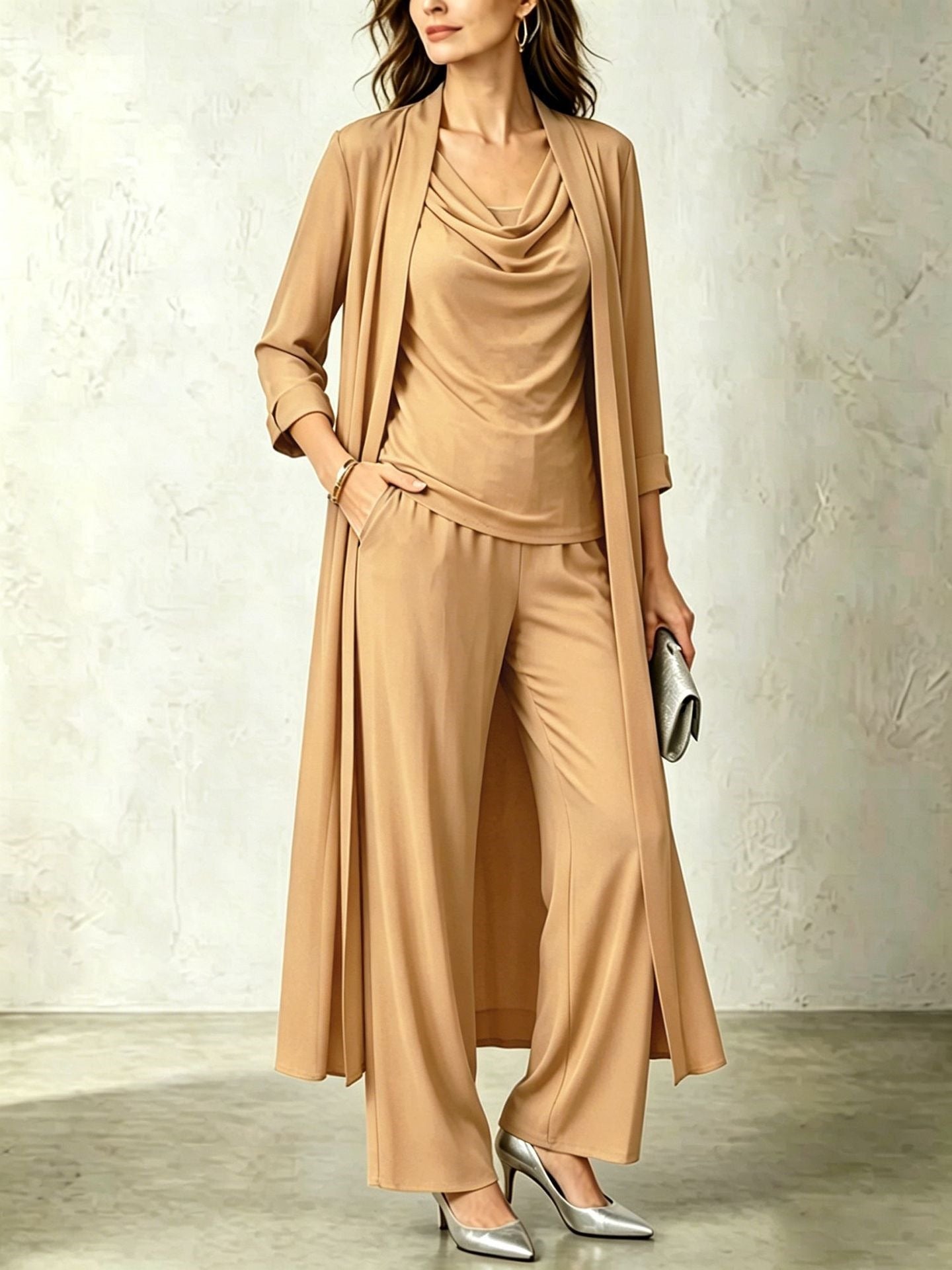 Long sleeved swing collar top long cardigan jacket long pants three piece set 