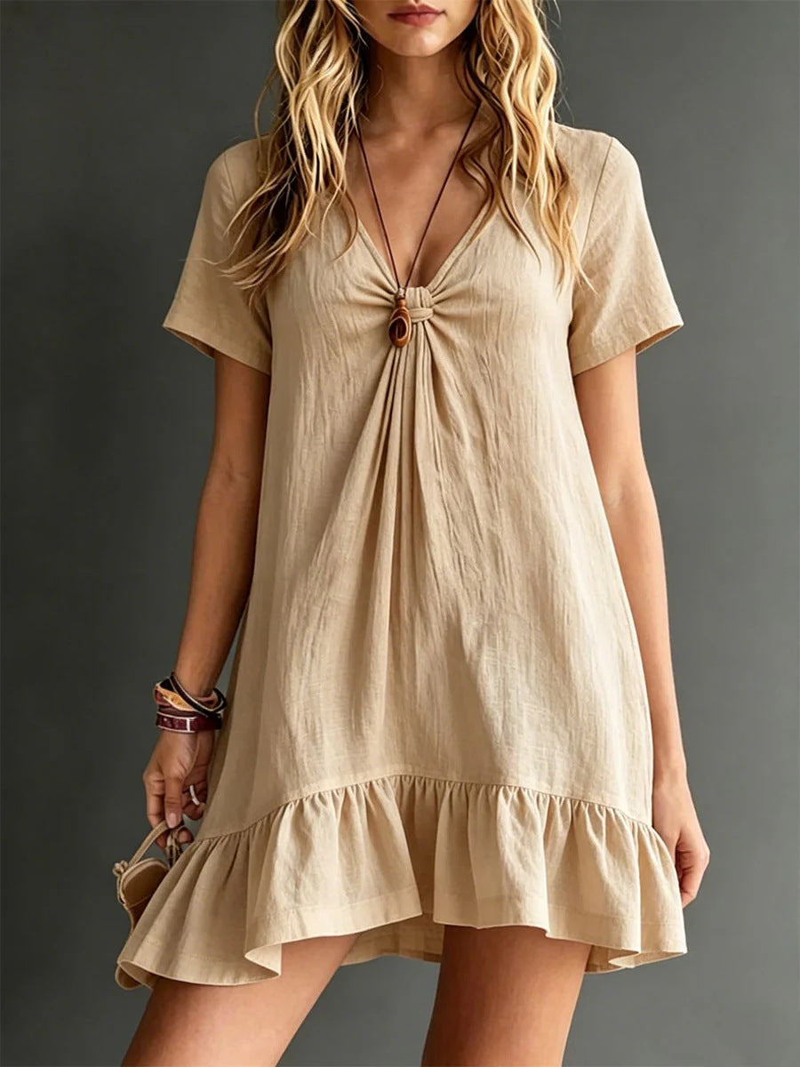 Womens Solid-Color V-Neck Short-Sleeve Casual Dress 
