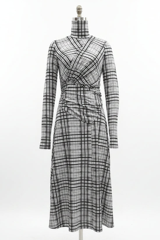 Stand up collar long sleeved plaid pleated dress 
