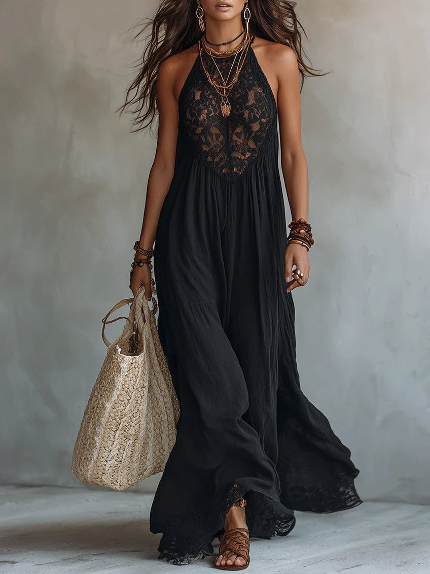 Style Black Lace Trim Sleeveless Long Dress Loose Vacation Style Maxi Dress Lace Dress 