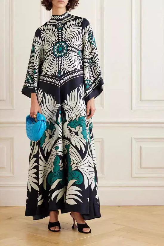 New European and American Summer Printed Seven Sleeve Stand up Collar Dress 