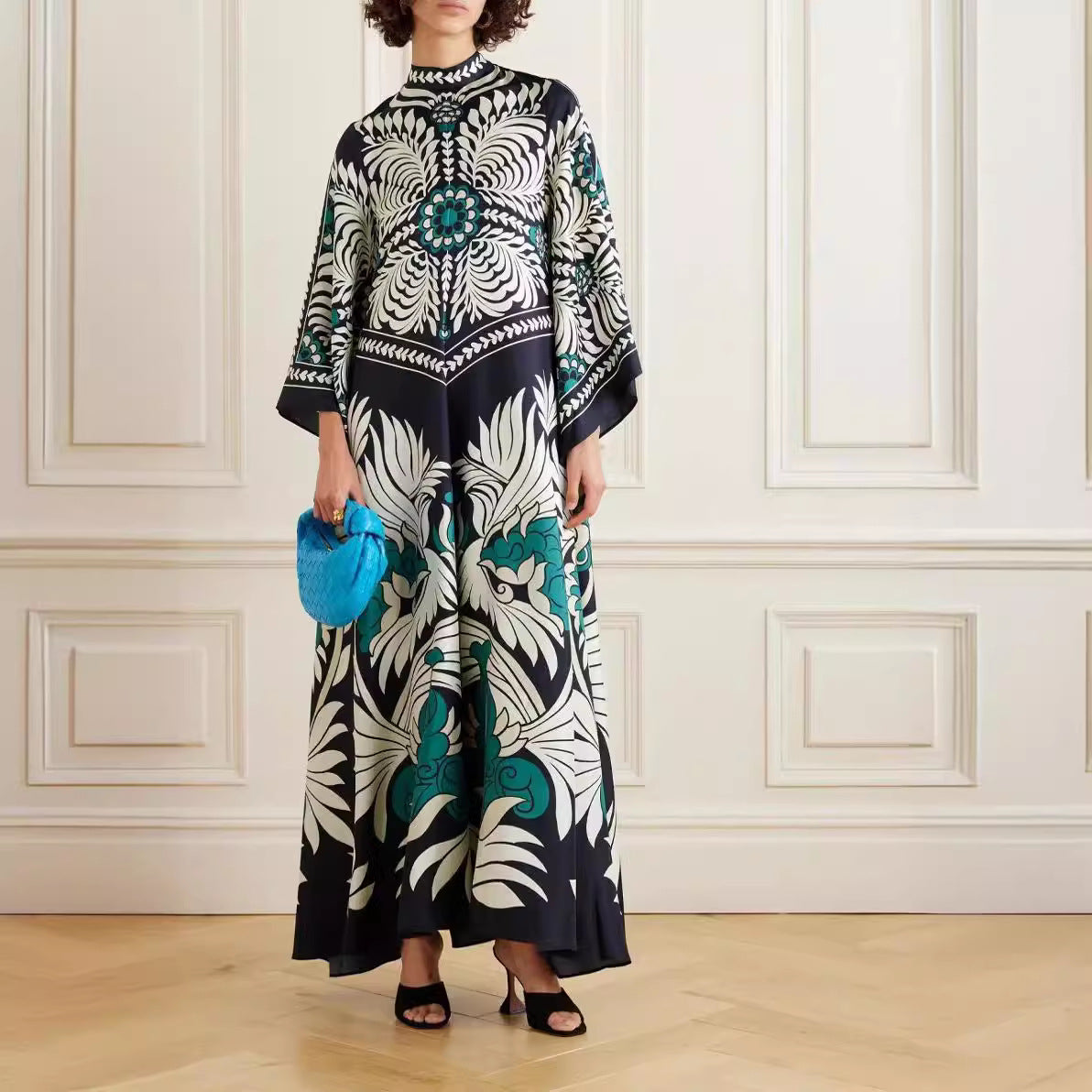 New European and American Summer Printed Seven Sleeve Stand up Collar Dress 