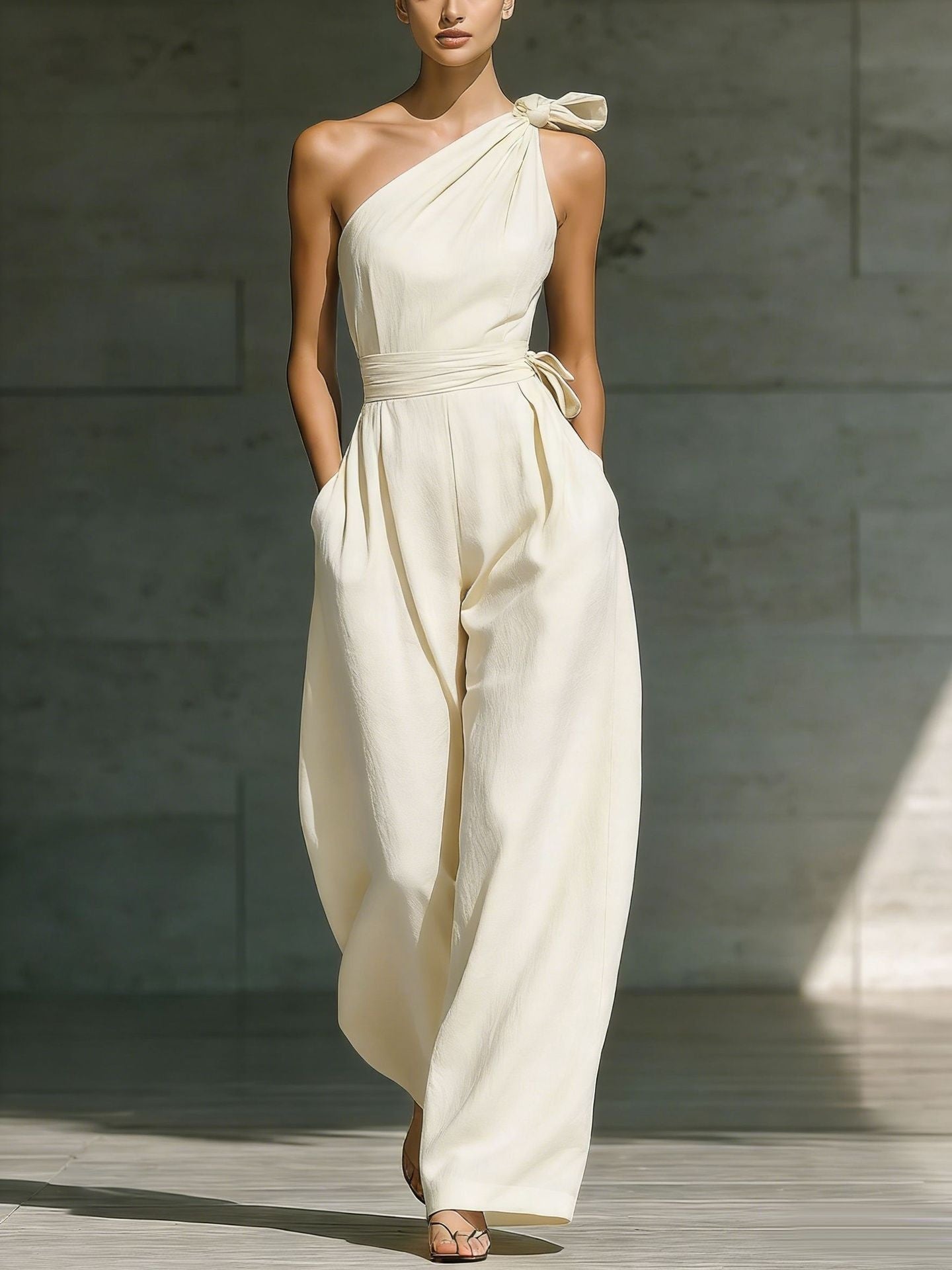 Loose-fitting Sleeveless Off-shoulder Belted Jumpsuit 