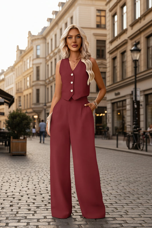 Womens Fashion Plus-Size Buttoned Vest Set 