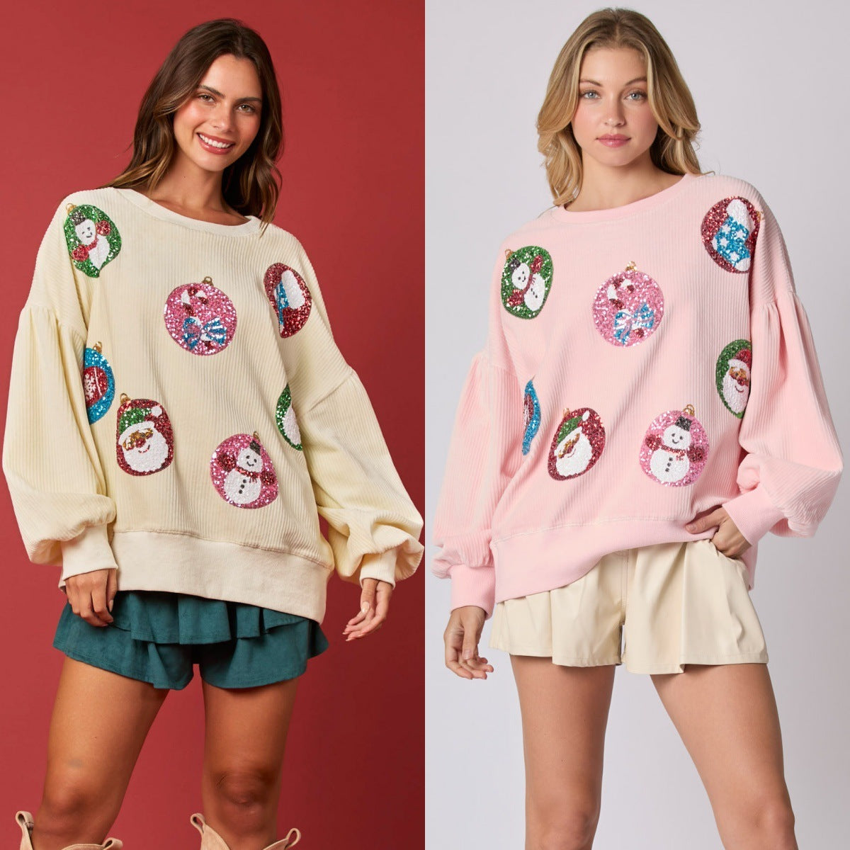 Women's Christmas Egg Sequined Long Sleeve Loose Sweatshirt Top CJ
