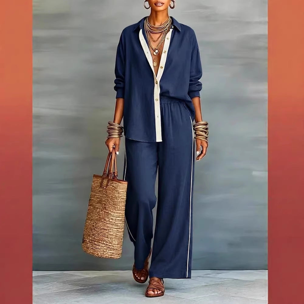 Contrast-color Casual Solid-color Loose Pants Two-piece Set 
