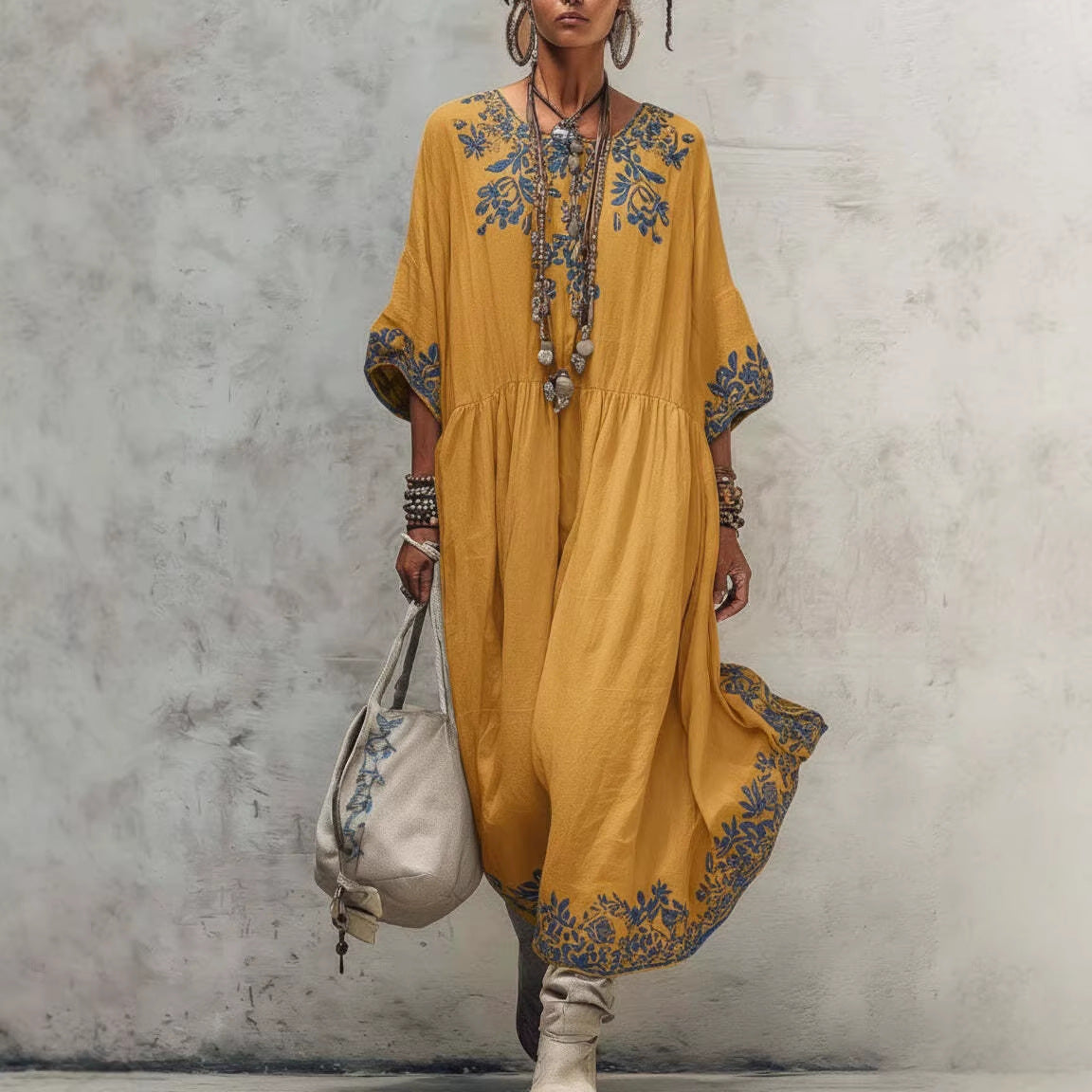 Elegant High-end Round-neck Printed Dress 