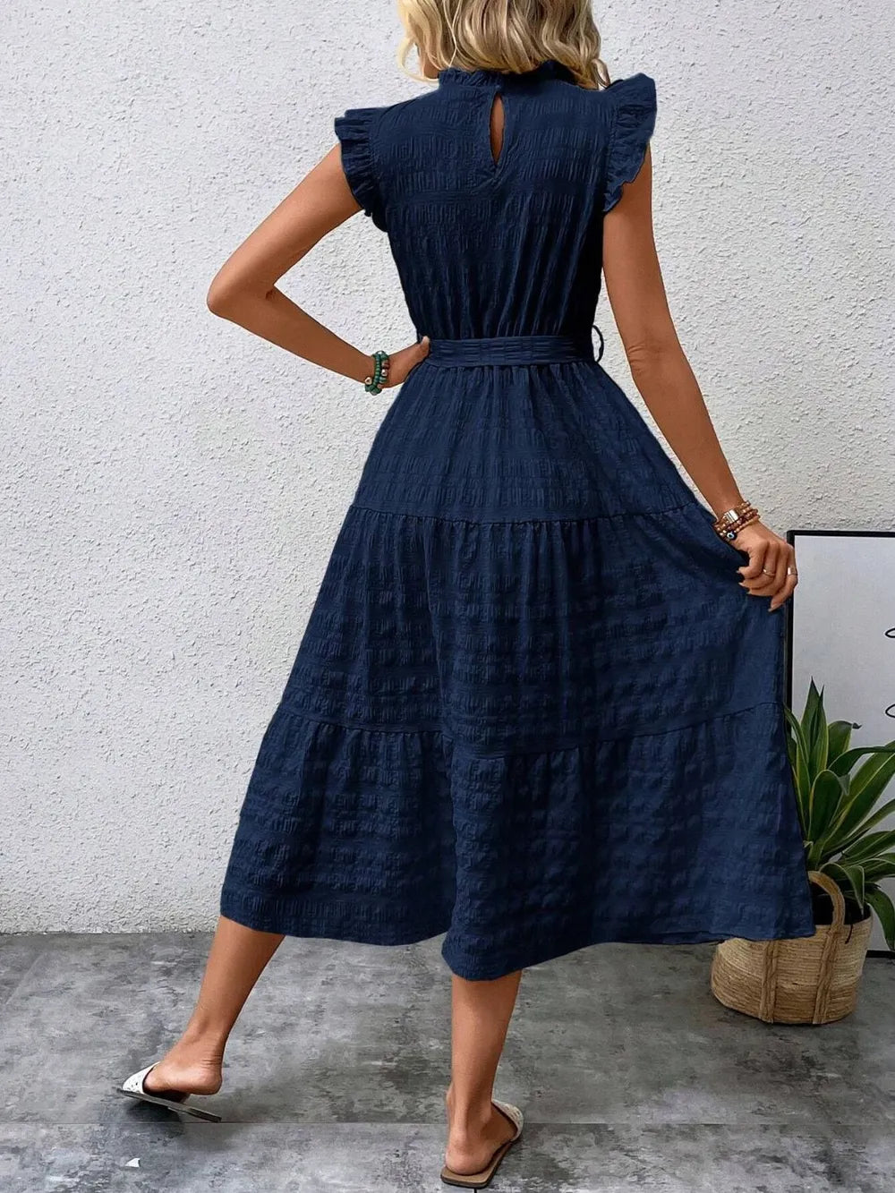 Tied Ruffled Cap Sleeve Midi Dress 