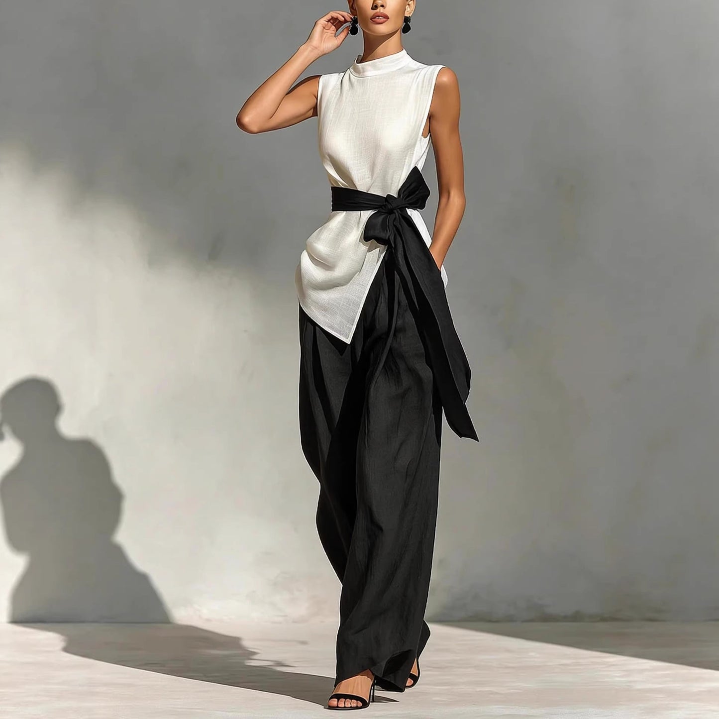 Two piece set of lace up sleeveless top and wide leg pants 