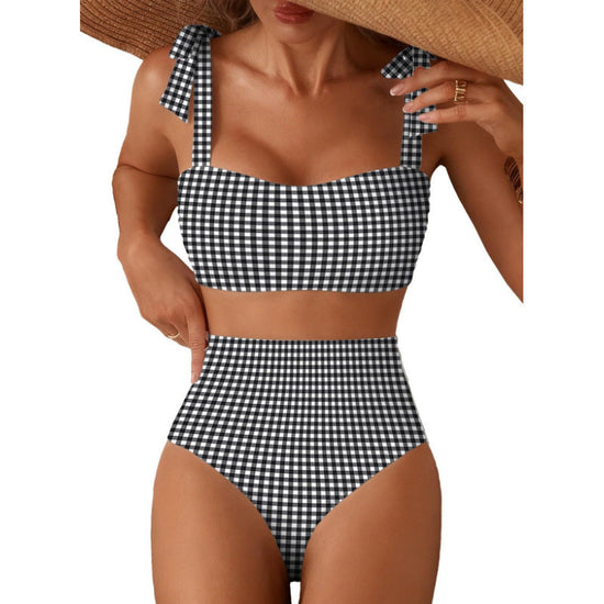 Women's Striped Bikini Set with Tie-Shoulder Design, High-Waisted Two-Piece Swimsuit 