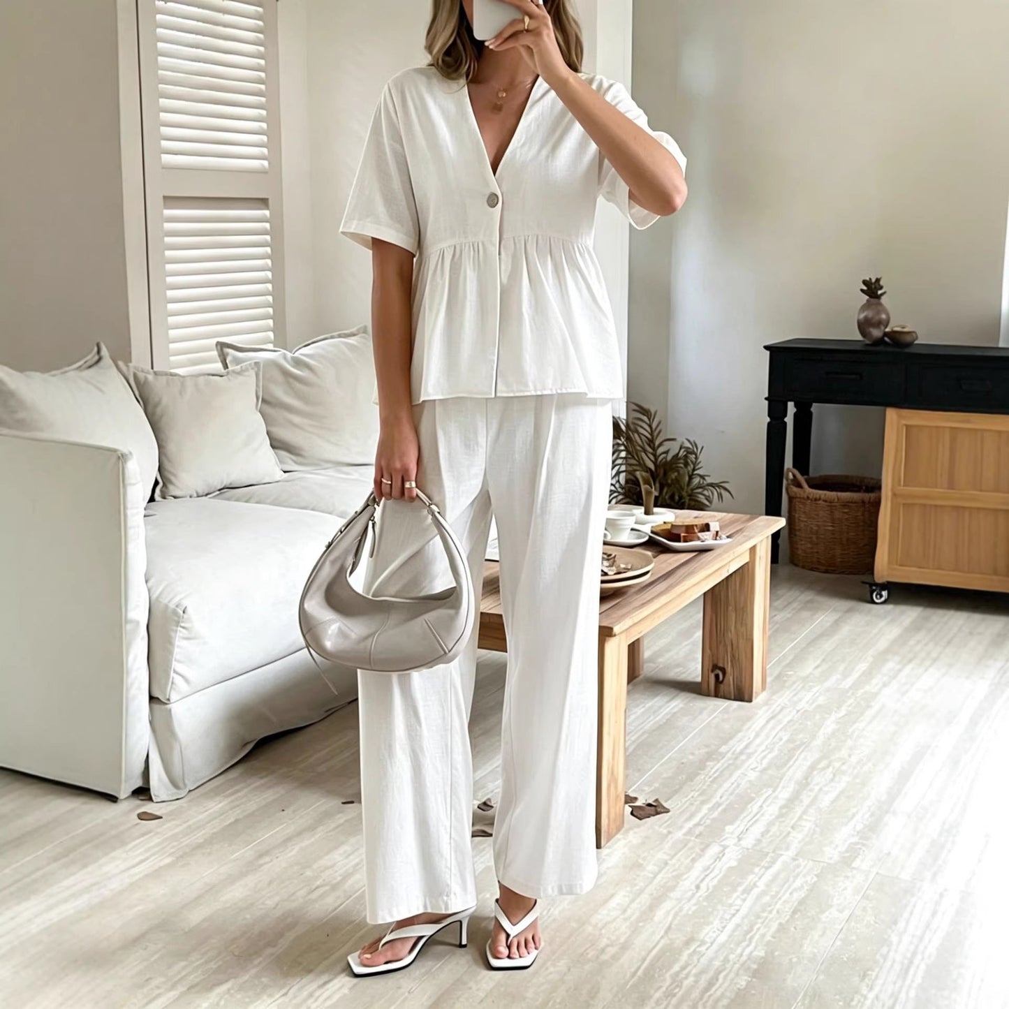 V-neck Loose-fit Short-sleeve Top And Wide-leg Pants Two-piece Set 