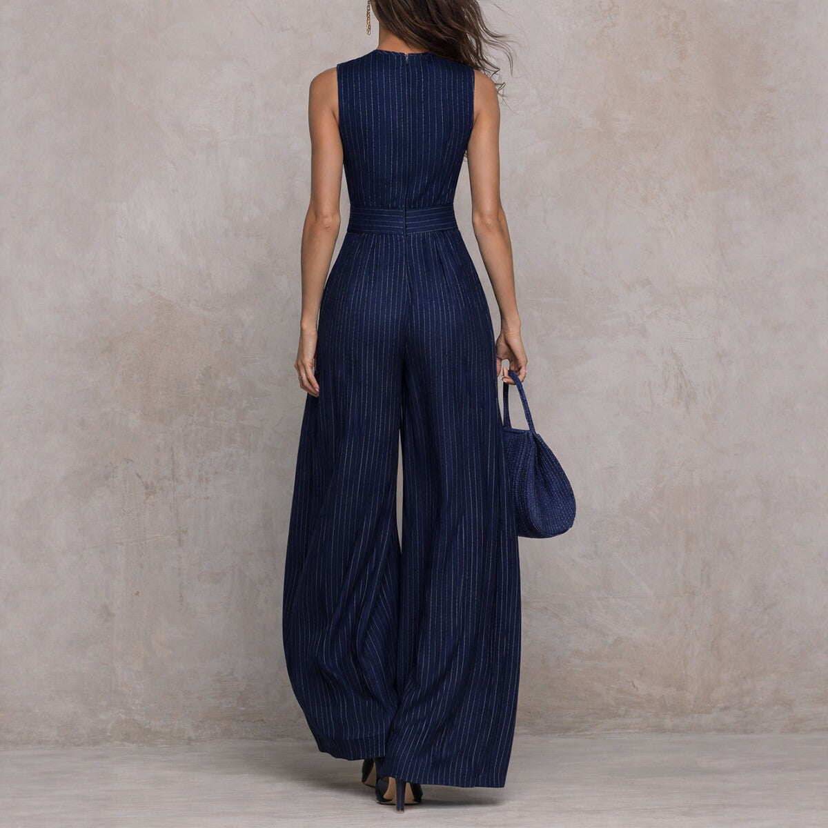 Deep Blue Striped Sleeveless Waist-Cinched Wide-Leg Jumpsuit 