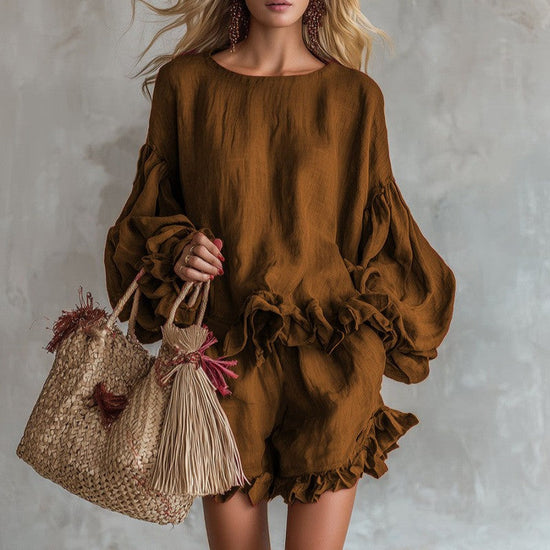 Loose-fitting Lantern-Sleeve Top And Shorts Two-Piece Set For Women 