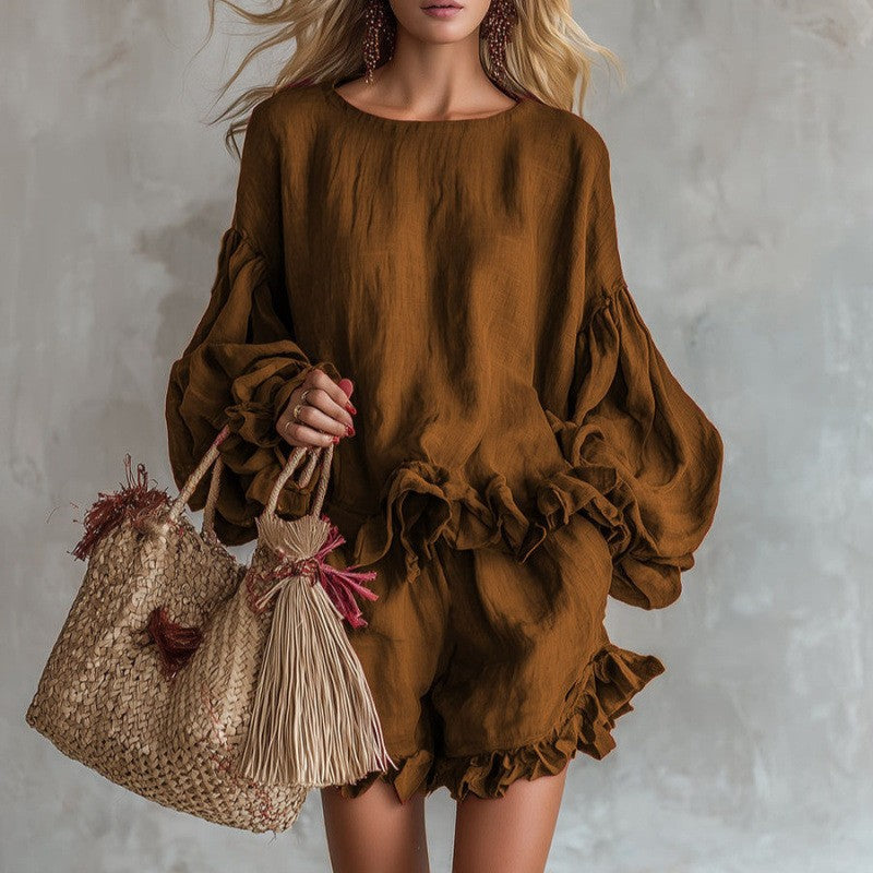 Loose-fitting Lantern-Sleeve Top And Shorts Two-Piece Set For Women 