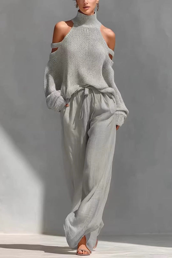 Womens Long-Sleeve Turtleneck Top And Pants Two-Piece Set 