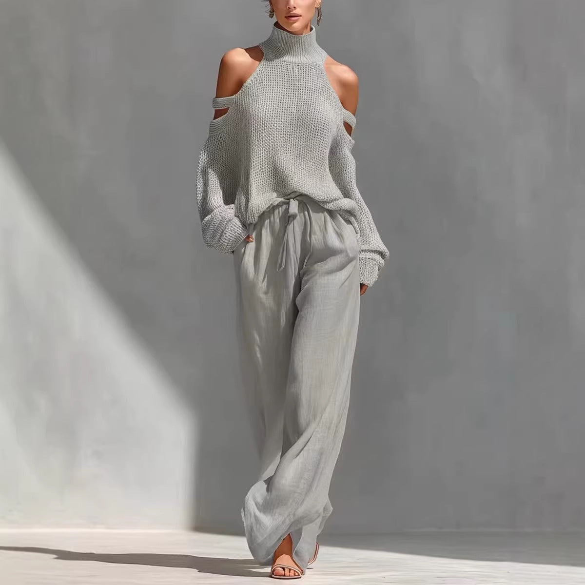 Womens Long-Sleeve Turtleneck Top And Pants Two-Piece Set 