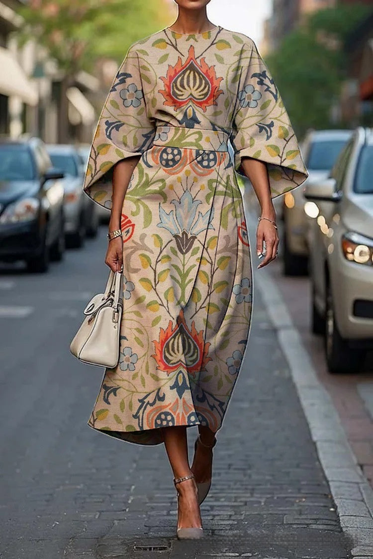 Women's Elegant Geometric Print Batwing Sleeve Round Neck Maxi Dress 