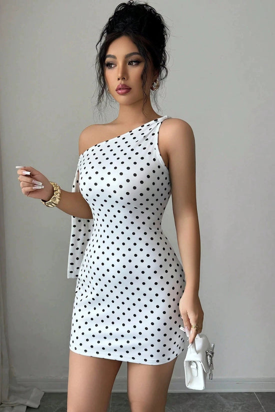 Wave point sloping shoulder strap slim fit hip hugging jumpsuit short skirt for women 