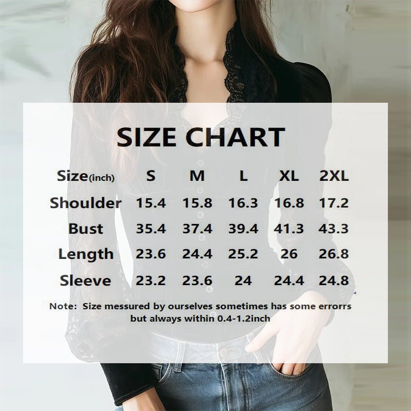 Women's Velvet & Lace Trim Top V-Neck Long Sleeve Blouse - FitiqueFit