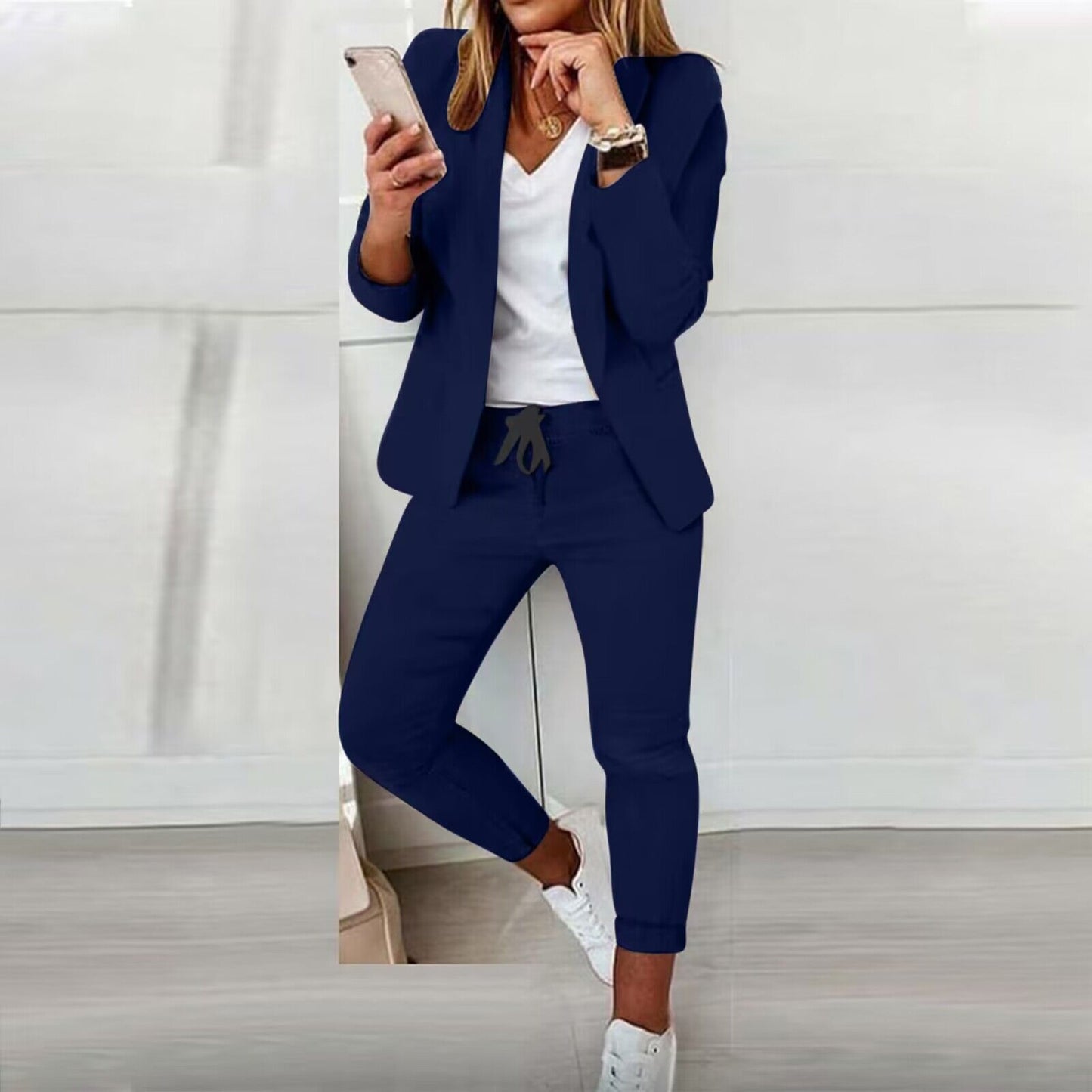 Women’s Notch-Lapel Blazer & Drawstring Pants Suit Set 