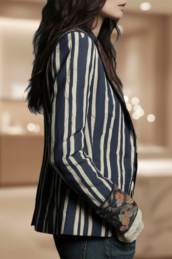 Women's Bohemian Color-Block Striped Blazer 