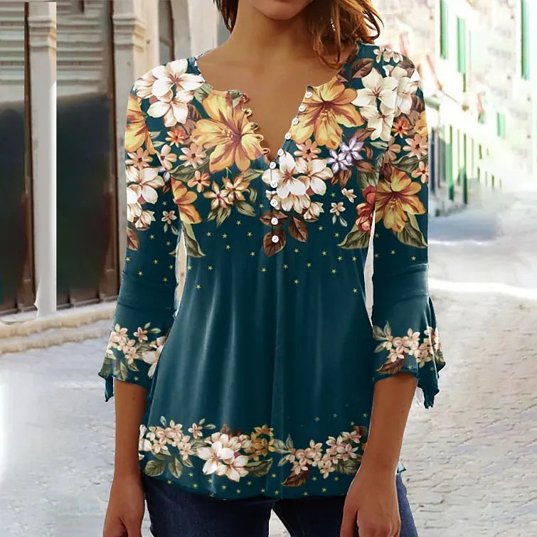 Women’s V-Neck 3/4 Sleeve Button-Front Tunic Blouse 