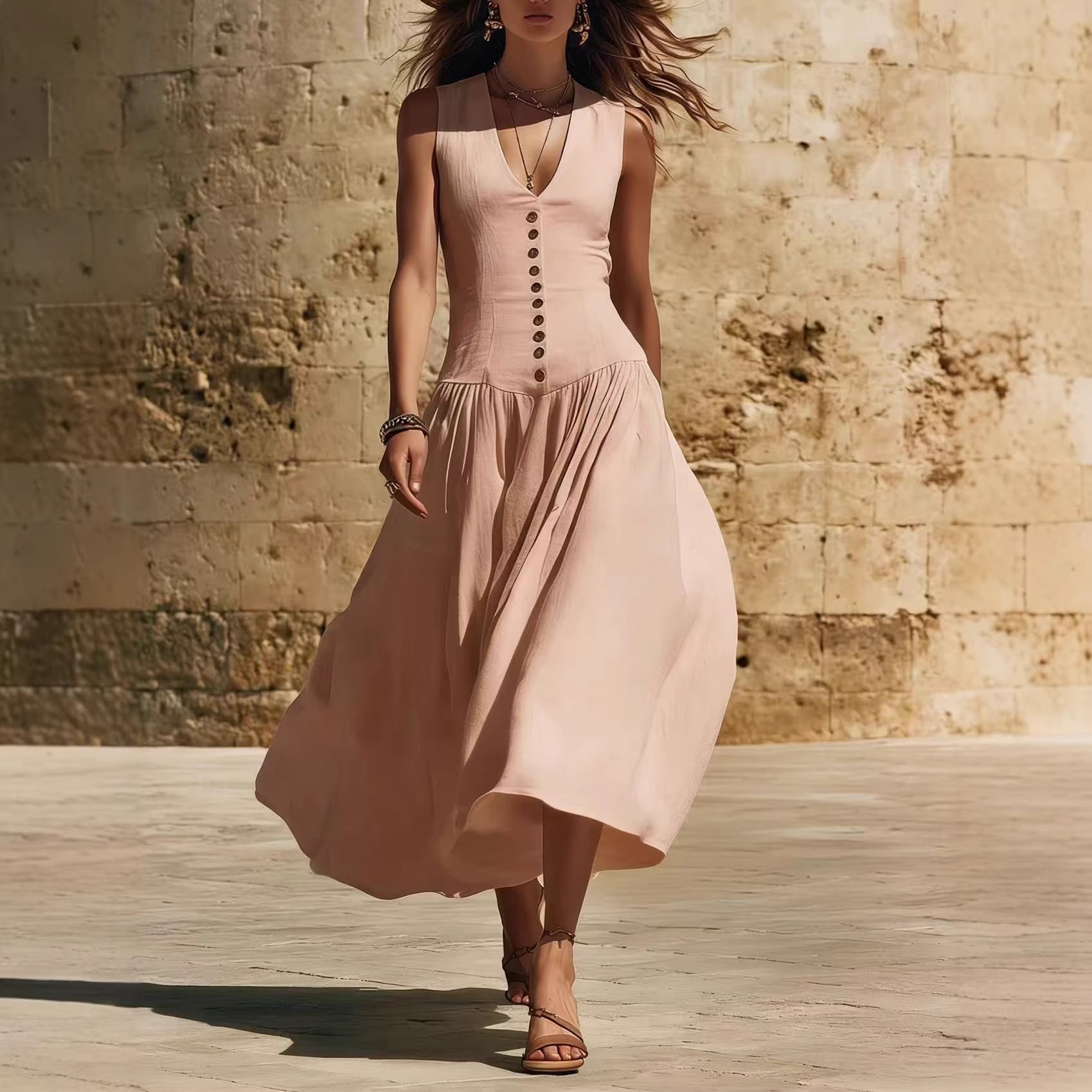 V-Neck Buttoned Chic Elegant Sleeveless Cotton-Linen Dress 