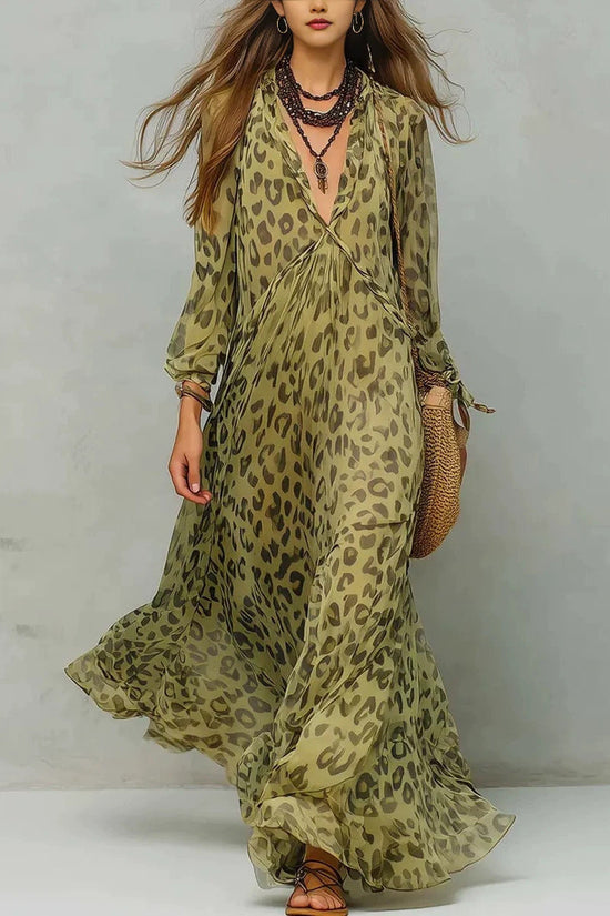Leopard Print Chiffon Long Dress Deep V-Neck Three-Quarter Sleeve Flared Beach Vacation Dress 