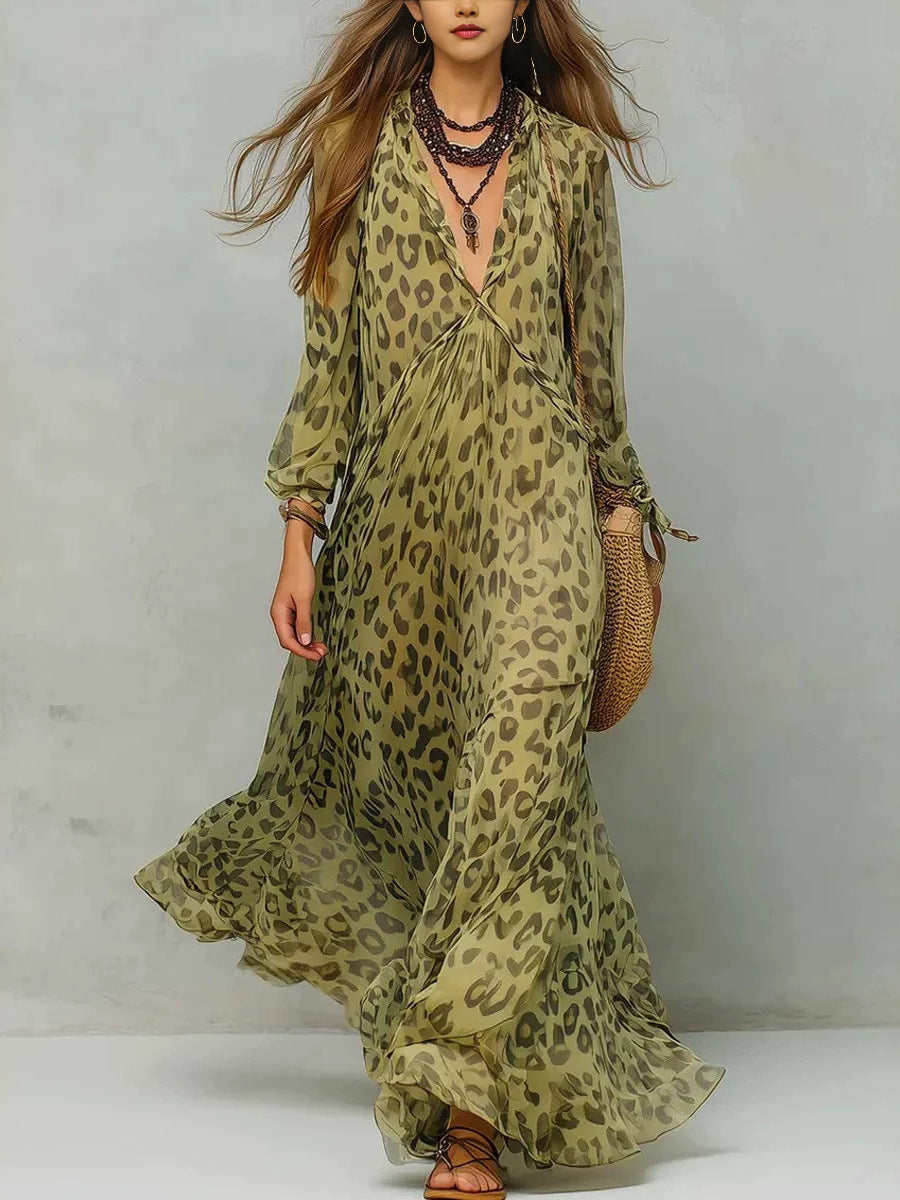 Leopard Print Chiffon Long Dress Deep V-Neck Three-Quarter Sleeve Flared Beach Vacation Dress 