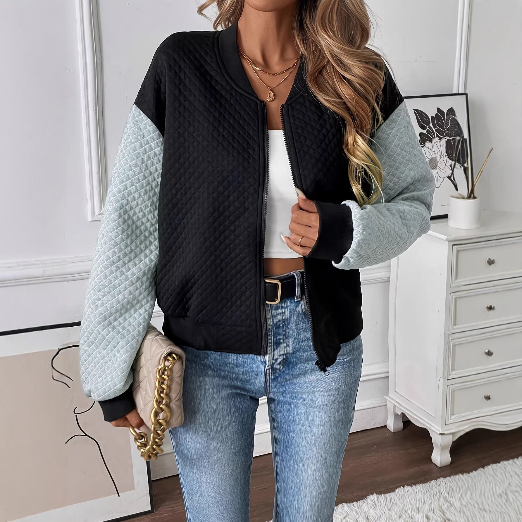 Women's Color Blocked Baseball Collar Casual Long Sleeved Zipper Jacket 