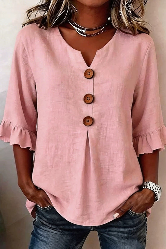 Fashionable Cotton Linen V-Neck Button-Up Blouse for Women Summer Casual Top 