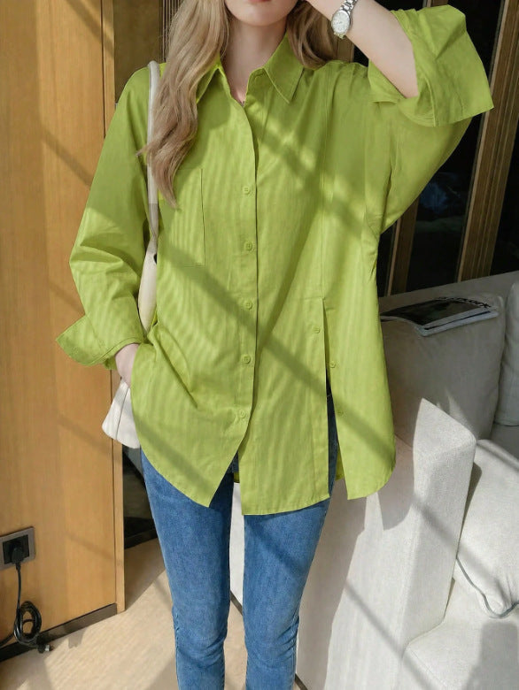 New women's solid color long sleeved shirt with button side slit 