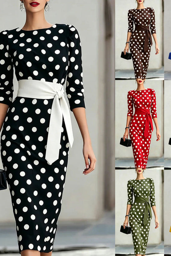 Retro Polka-dot Navy Blue Belted Waist-hugging Elegant Dress 