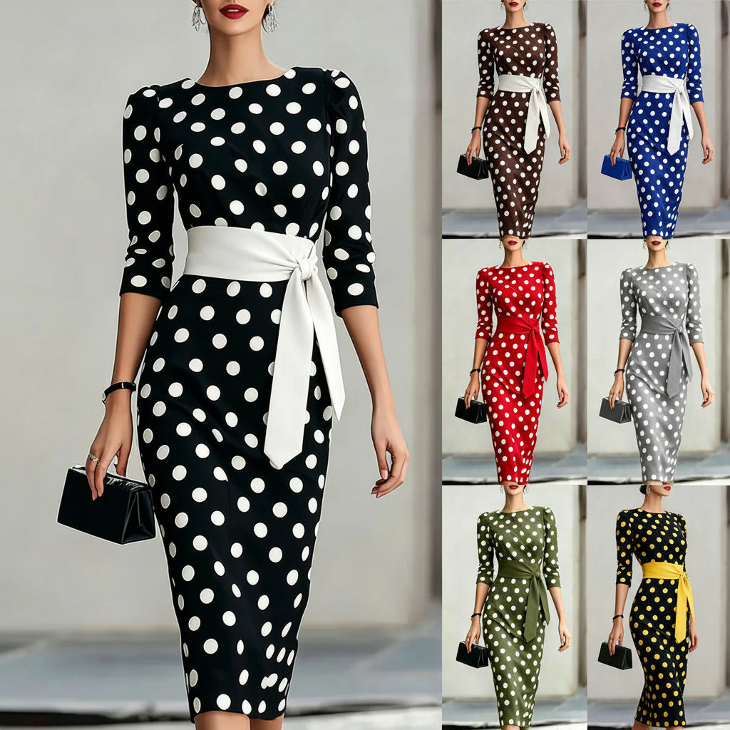 Retro Polka-dot Navy Blue Belted Waist-hugging Elegant Dress 