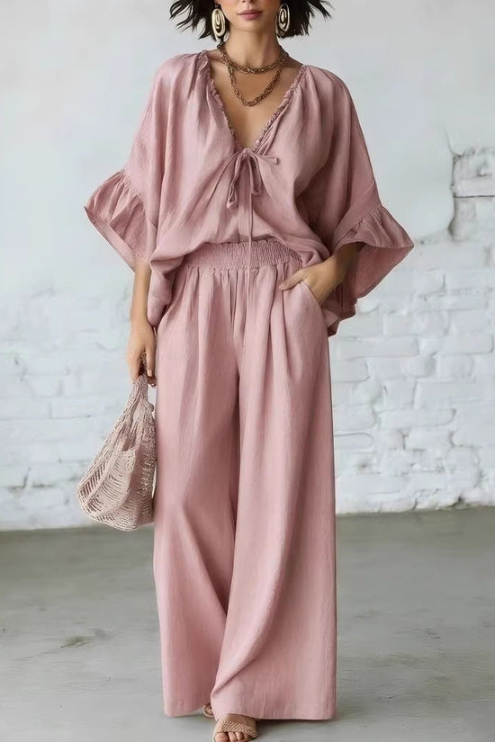 Loose-fit Cotton-linen V-neck Wide-leg Pants Two-piece Set 