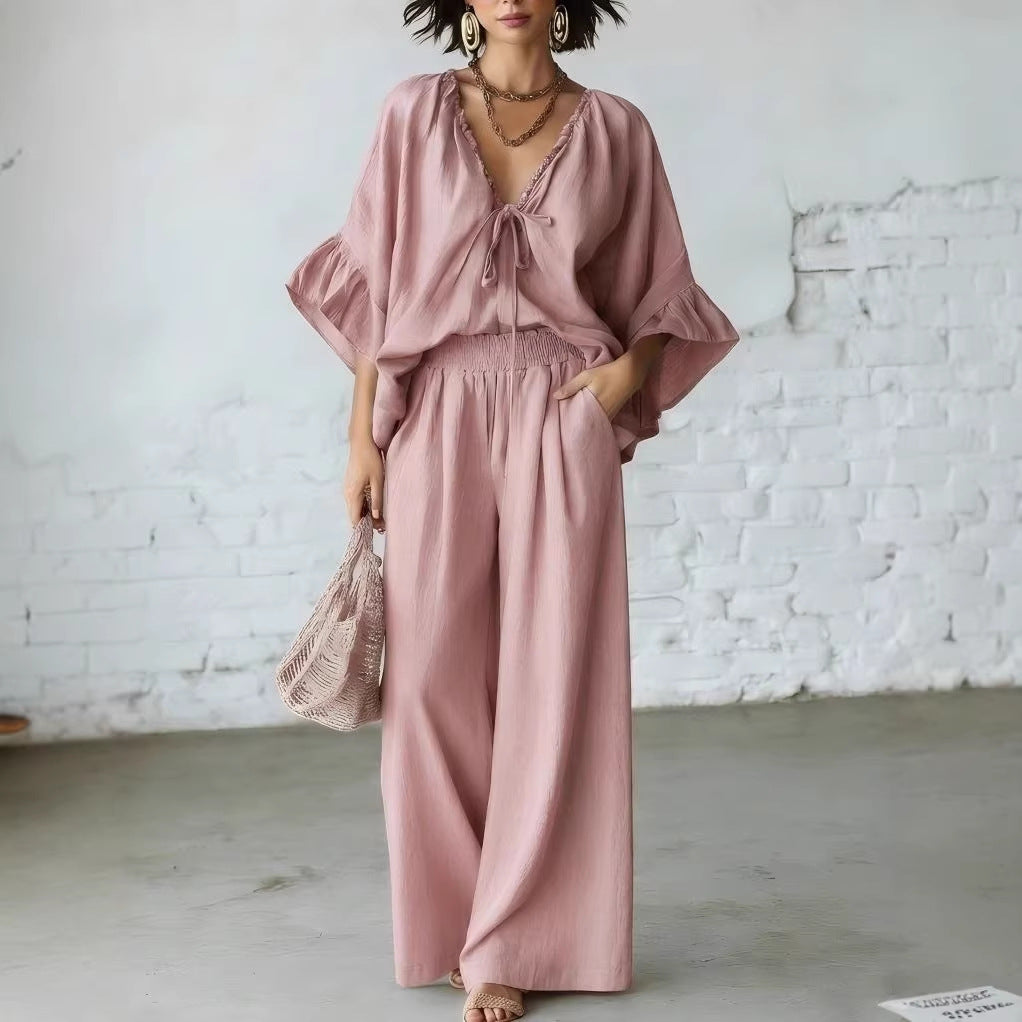 Loose-fit Cotton-linen V-neck Wide-leg Pants Two-piece Set 