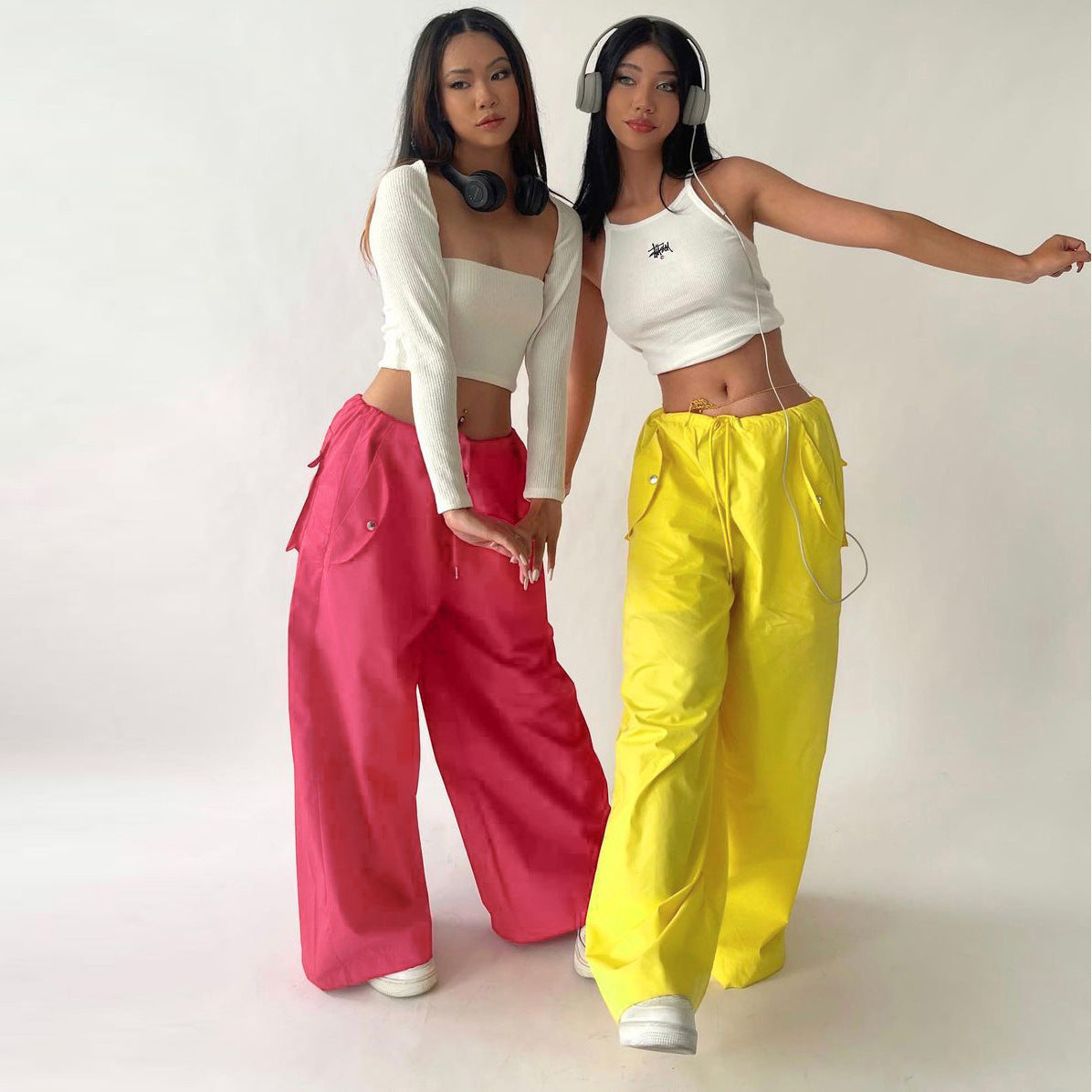 Solid-color Lace-up Loose-fitting Straight-leg Work Pants 