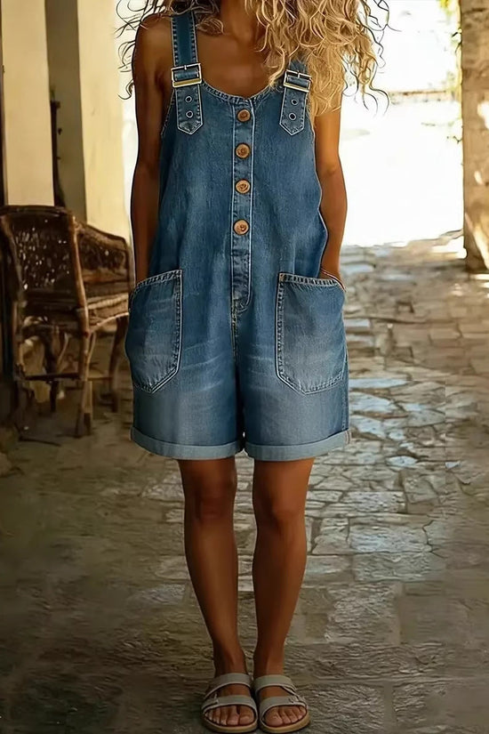 Loose Slimming High-waisted Denim Shorts Jumpsuit 