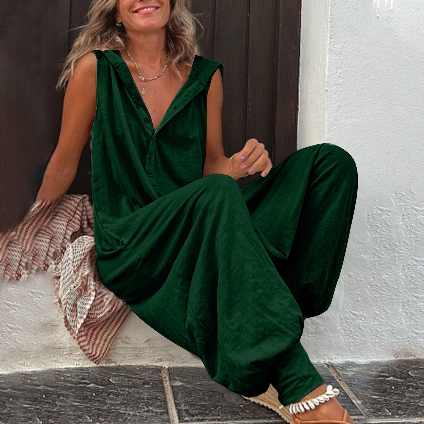 Buttoned Hooded Sleeveless Pants For Women 