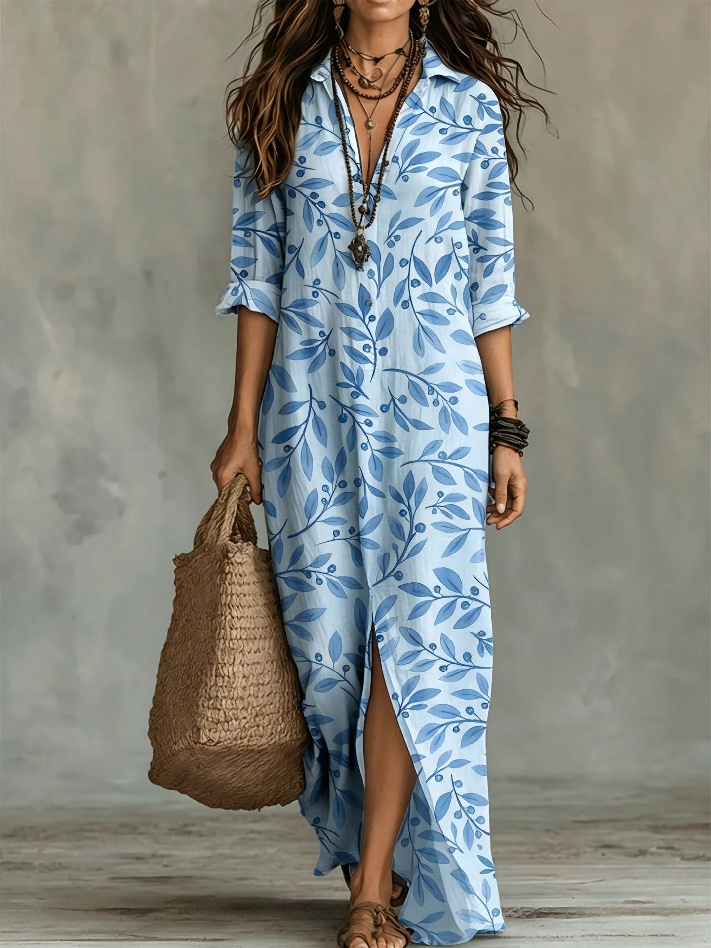 Casual Lapel-Neck Long Digital-Print Womens Shirt Dress 