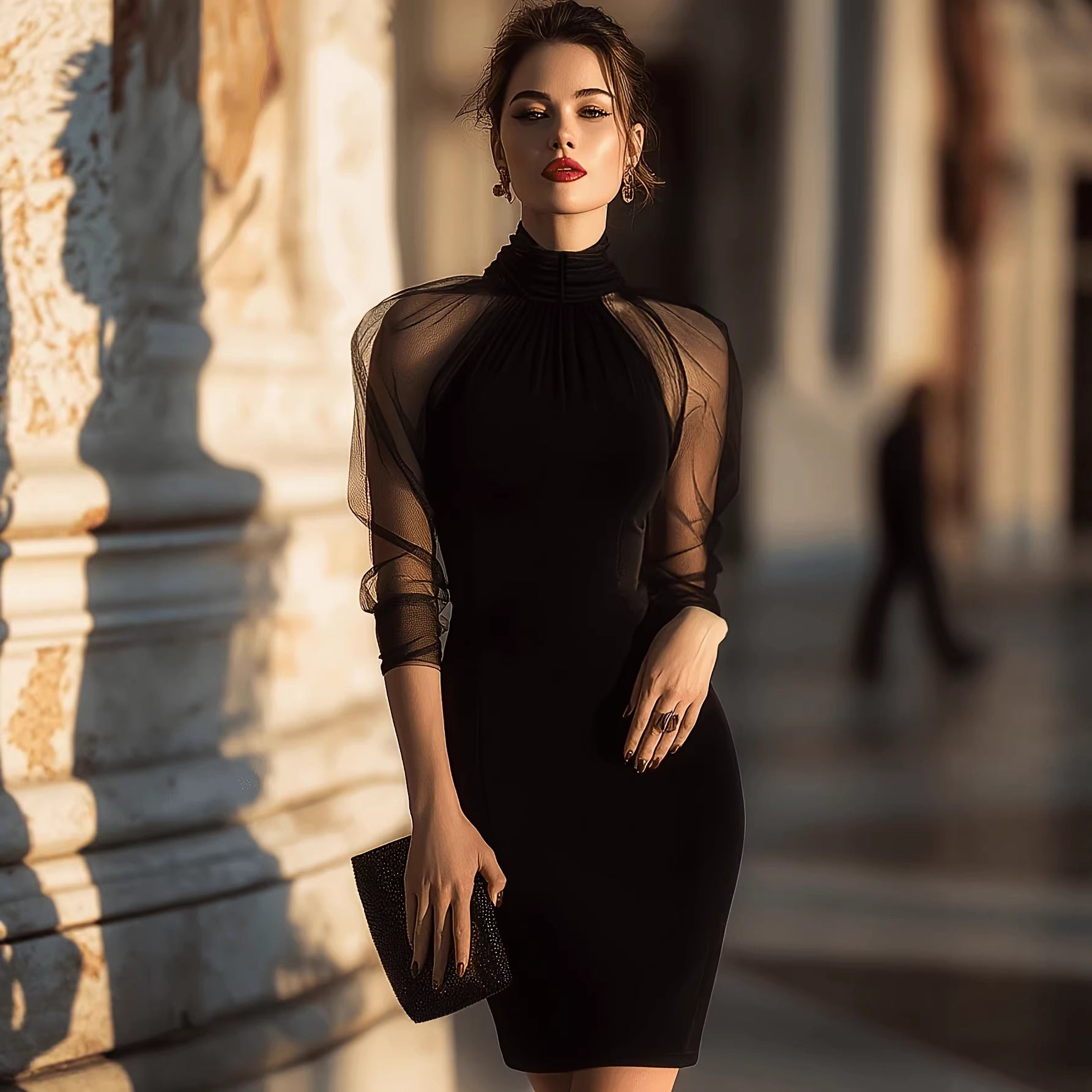 Elegant Long Sleeve Sheath Dress with High Neck and Mesh Overlay for Formal Evening Wear 