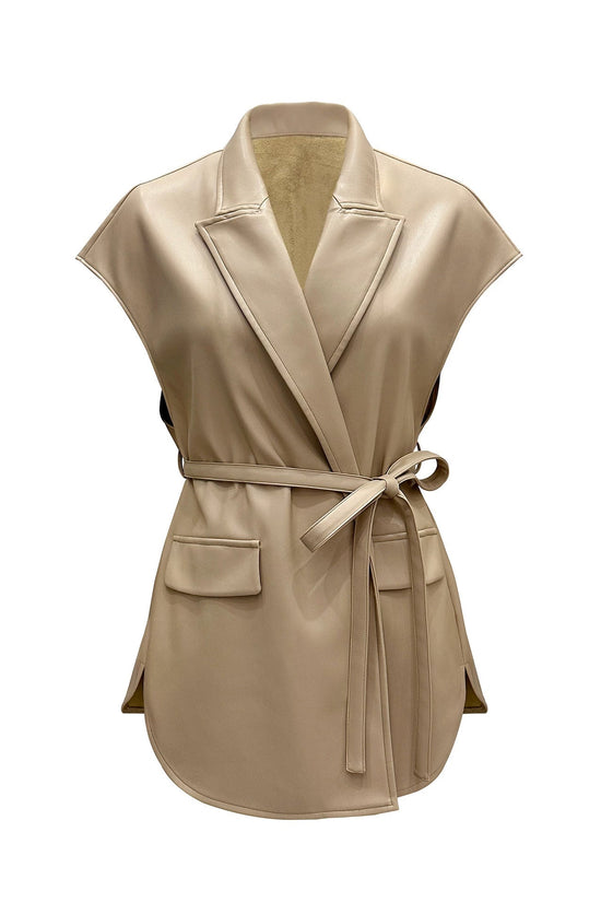 Sleeveless PU leather vest women's suit collar belt vest jacket 
