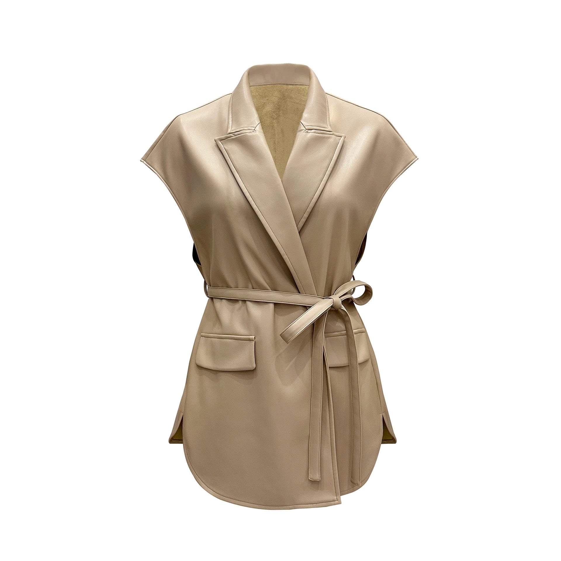 Sleeveless PU leather vest women's suit collar belt vest jacket 