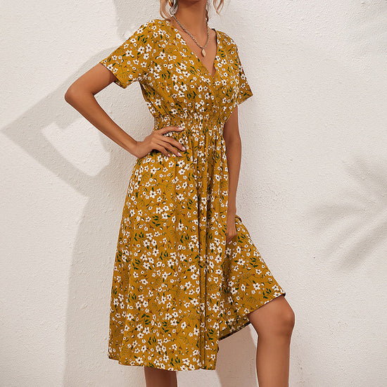 Women's V-Neck Floral Print Dress - A-Line Waisted Summer Maxi Dress CJ US
