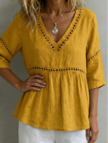 Solid-color V-neck Hollow-out Casual Fringed Top 