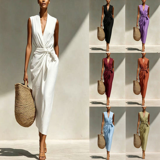 Solid-color Sleeveless Cotton-linen Feel Midi Dress 